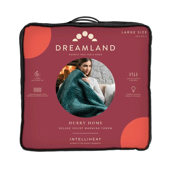 Dreamland Hurry Home Velvet Heated Throw Electric Blanket - Emerald Herringbone - 160cm x 120cm