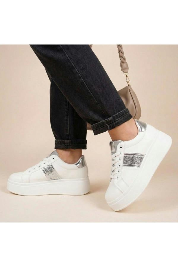 Malina Chunky Platform Glitter Detail Trainers - Silver