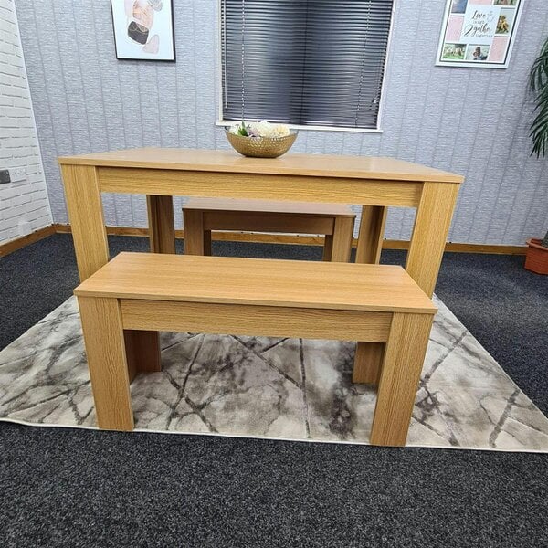 KOSY KOALA 4 Seater Dining Table Set with 2 Benches Light Wood Effect Modern Rectangular Dining Table 140 cm x 80 cm x 75 cm