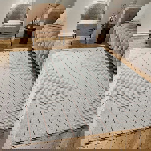 Living Room, perfect mix of clean design, lasting comfort, terra-cream rug.