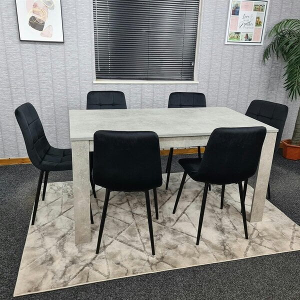Kosy Koala Modern Stone Grey Effect Dining Table Set With 6 Velvet Chairs Dining Room Furniture Set - Stone grey table + 6 black chairs - 140cm (L) x 80cm (W)