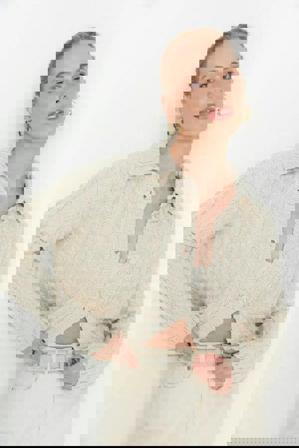 WOVCOR Crop Polo Neck Knit Cardigan with Covered Button Detail