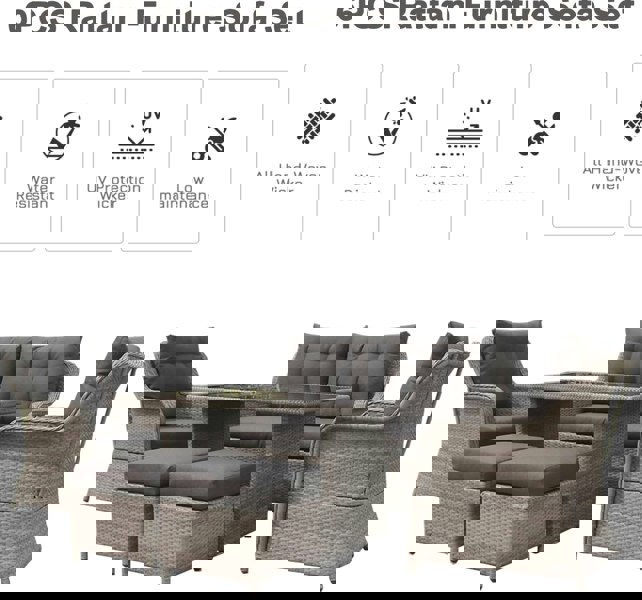 Furniture One Patio Sofa Dining Table Set, 6 Seaters Aluminum Frame Wicker Weave, Includes Dining Table+Loveseat+ 2 Armchair+2 Stool - Grey