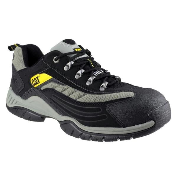 Caterpillar Moor Mens/Womens Safety Steel Toe SB Work Trainers Shoes, black and grey safety work trainers with steel toe protection and rugged sole for industrial use.
