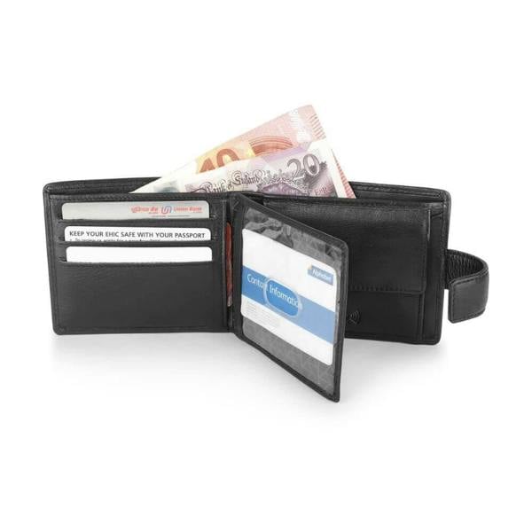 Open view of Black wallet with money and cards on a white background