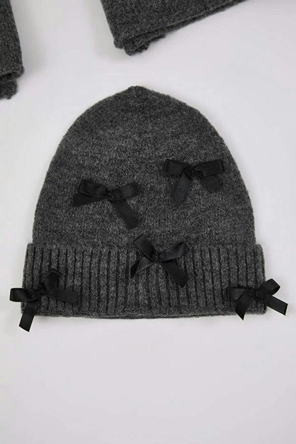 WOVCOR 2-Piece Soft Textured Knit Scarf and Beanie Set with Ribbon Detail