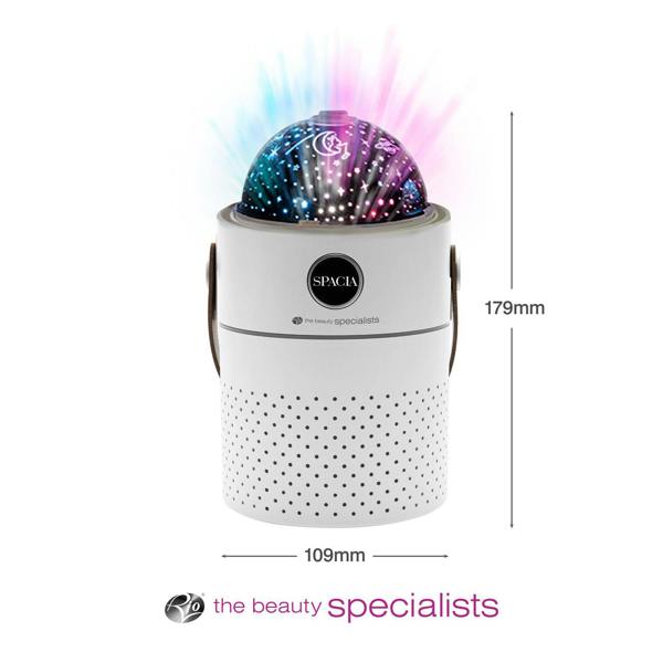 The Rio Galaxy Projector Childrens Essential Oil Diffuser, Humidifier, and Night Light is a white cylindrical device (179mm x 109mm) with perforations that projects colorful lights from its dome. The Rio logo is visible on the device.
