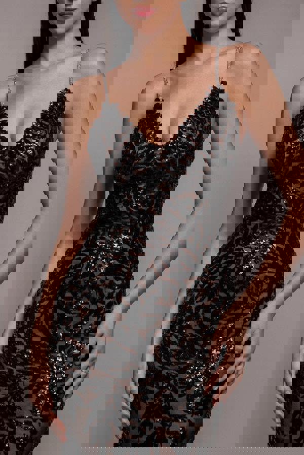 Cross Back Diamante Strap Sequin Maxi - Black DR4009