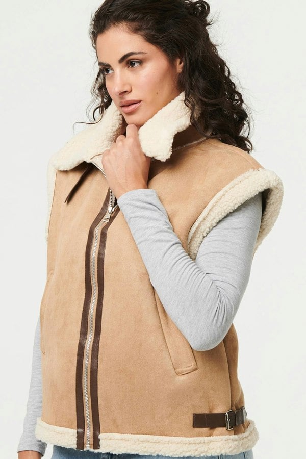 Beige | Faux Suede Fur Lined Sleeveless Gilet

