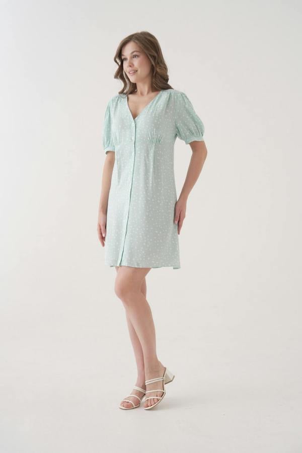 Hoxton Gal Relaxed Fit Green & White Polka Dot Button-Front Puff-Sleeve Mini Dress