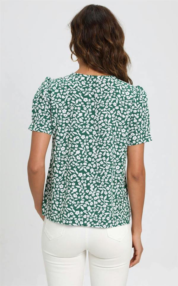 FS Collection Short Sleeve Buttoned Blouse Top In Green & White Flora  Print