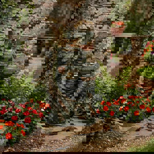 Rustic electric water feature with three stacked bowls cascading water, surrounded by vibrant flowers and textured stone wall