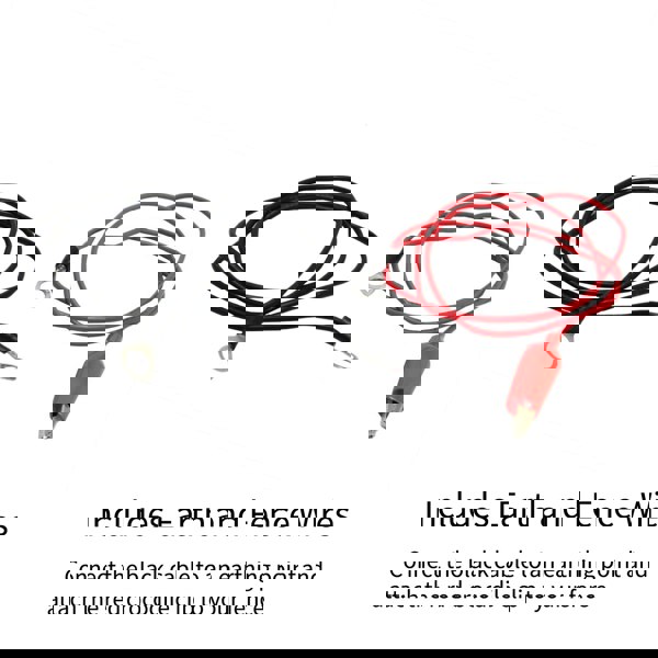Black and red cables for T-Mech Electric Fence Energiser, featuring ring terminals and a crocodile clip for easy attachment