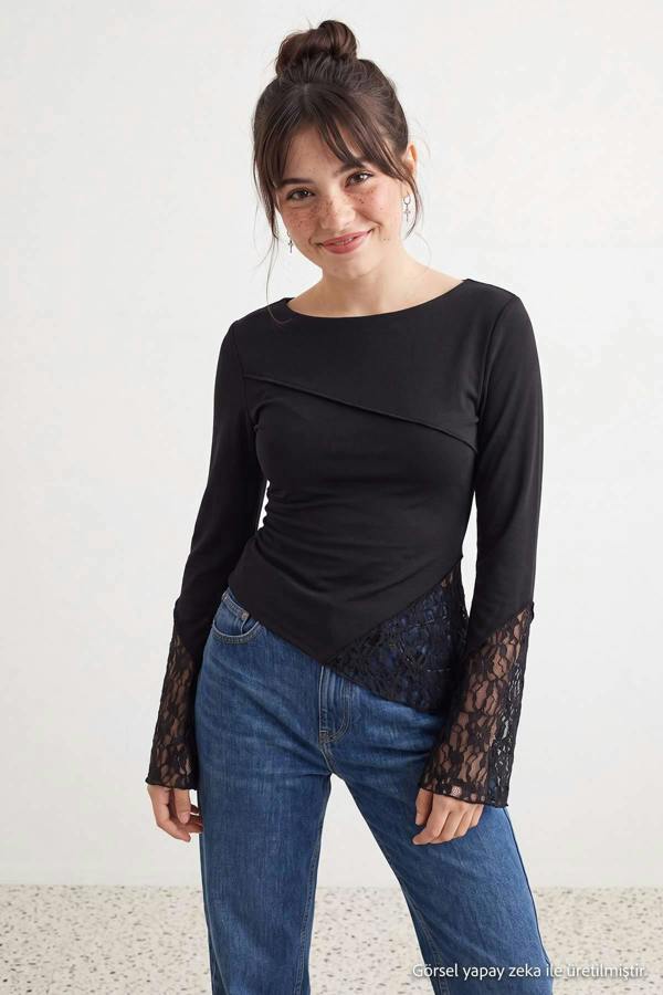 WOVCOR Boat Neck Spanish Sleeve Lace Detail Fitted Blouse
