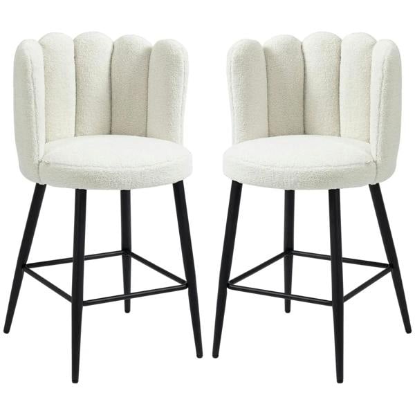 Set of 2 cream boucle bar stools with curved backs, black steel legs, and footrests