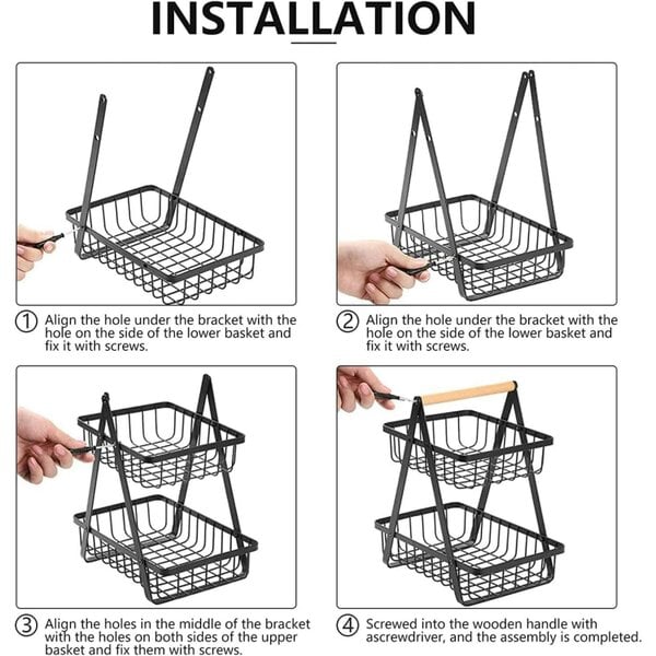 Dyzi 2 Tier Metal Fruit Vegetable Basket Detachable Storage Rack Black