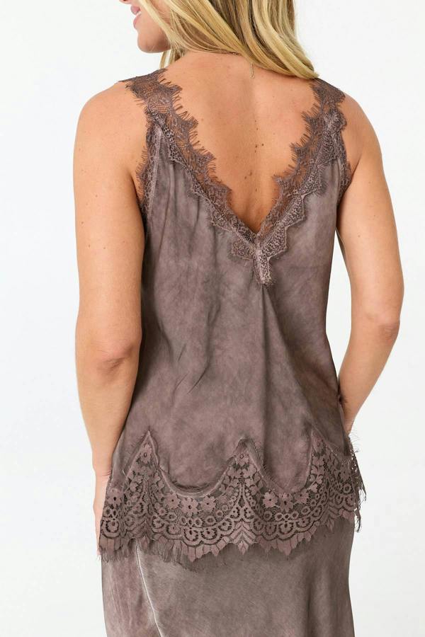 Brown | Lace Trim Sleeveless Cami Vest Top