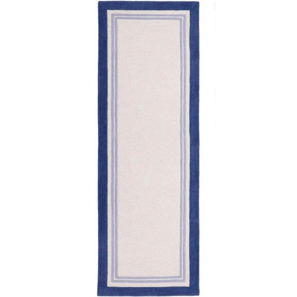 Rectangular rug with blue border on a white background