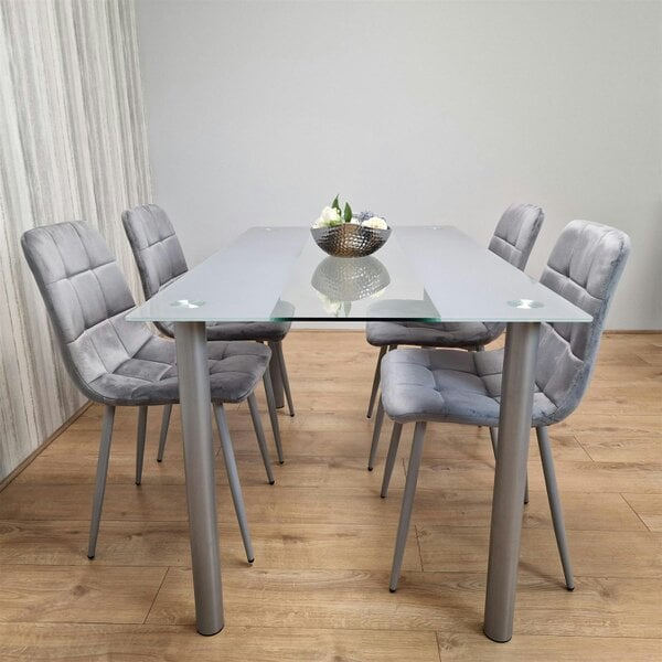 Kosy Koala Dining Table Clear Glass and 4 Velvet Grey Chairs Dining Room Furniture