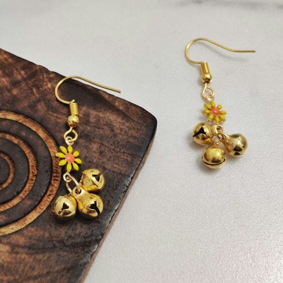 The Colourful Aura Small Sunflower Flora Ghungroo Charm Dainty Boho Hooks Drop Earrings