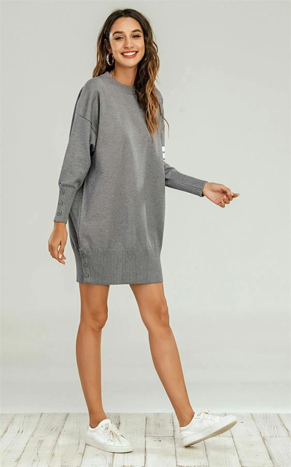 FS Collection Knitted Tunic Jumper Dress With White Stripe In Grey
