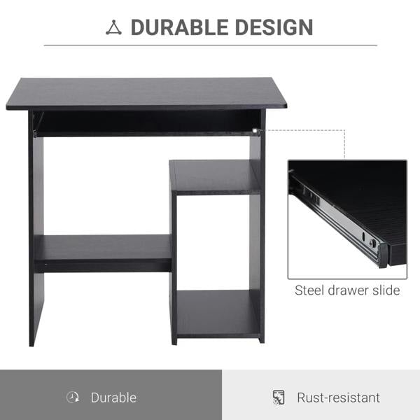 Black wooden desk with open shelves and steel drawer slide mechanism
