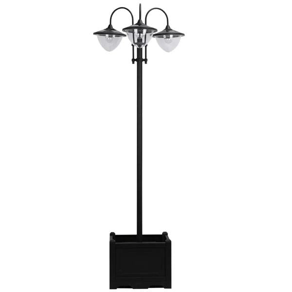 Black 3-head solar street lamp with planter base and vertical pole
