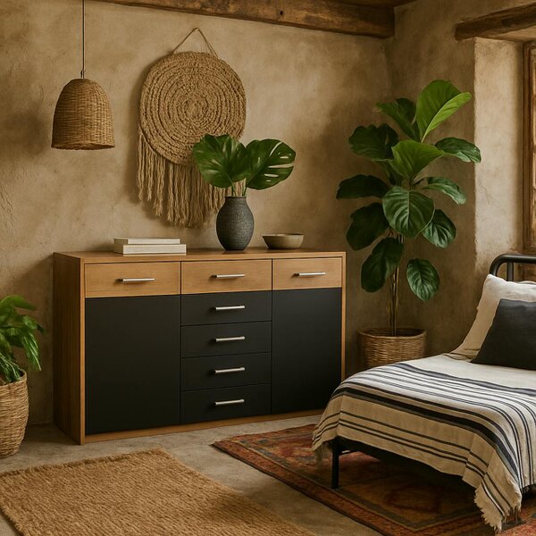 Wyld Haus Dunedin Black and Natural Oak Effect Wide Cupboard 2 Door 5 Drawers
