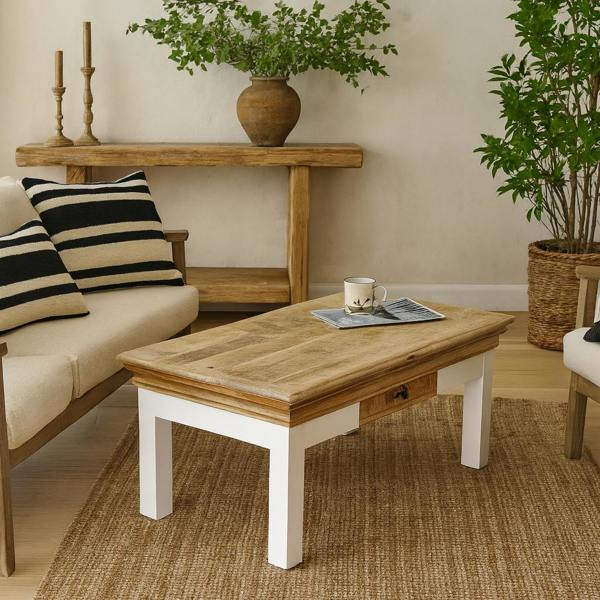 Wyld Haus Alington White and Natural Solid Mango Wood Coffee Table With Drawer
