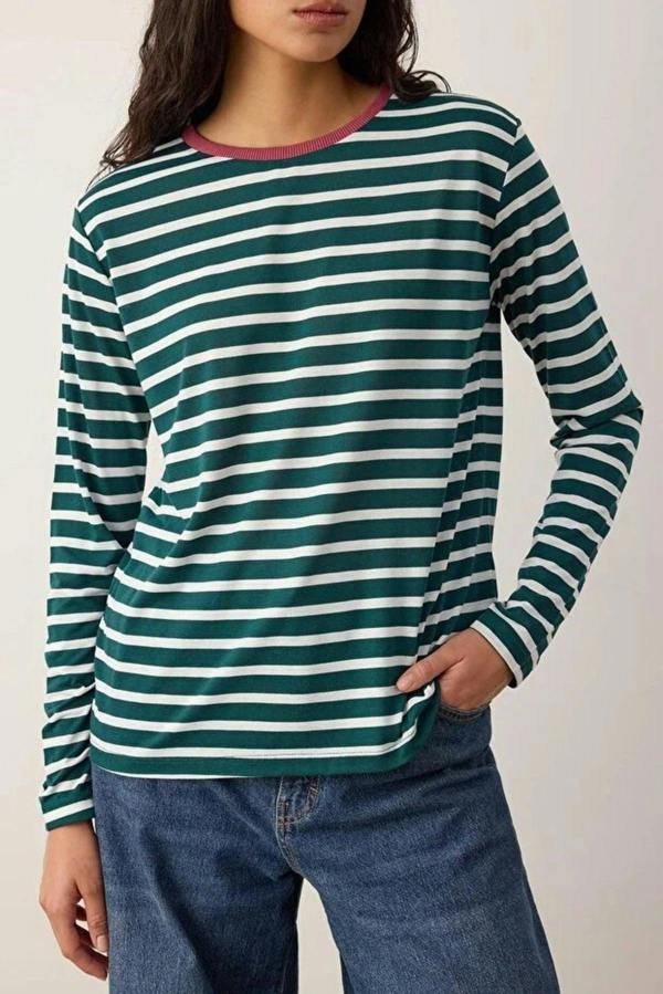 WOVCOR Striped Crew Neck Colorful Ribbed Knit T-Shirt