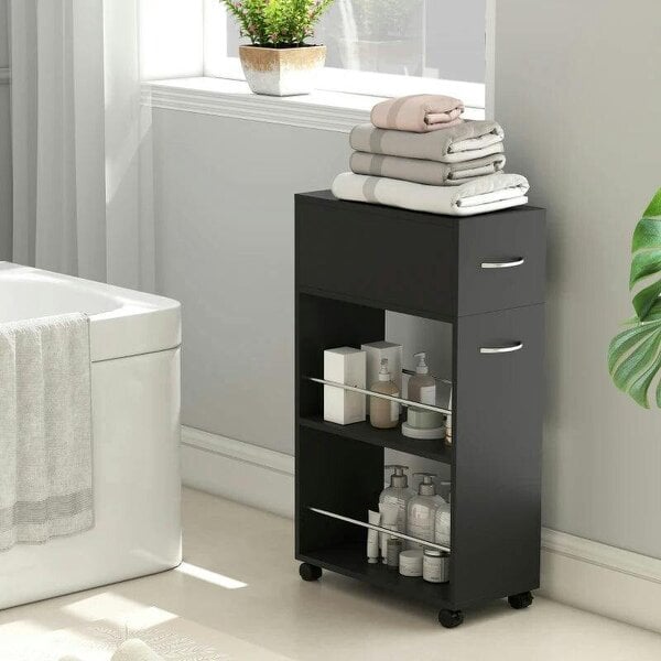 Rolling Storage Unit, 3-Tier Kitchen Cart Trolley with Drawer, Surface Top and 4 Universal Wheels, Black