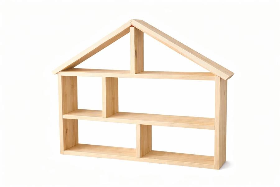 Empty wooden house shaped shelf unit