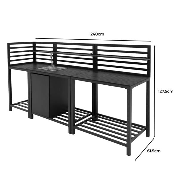 Aluminium outdoor kitchen set featuring sleek black finish, spacious countertops, and integrated sink for versatile cooking and entertaining