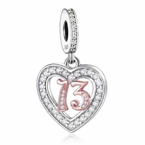 13th Birthday Charm Pandora Compatible 925 Sterling Silver Heart Dangle, Daughter Gift for Bracelet