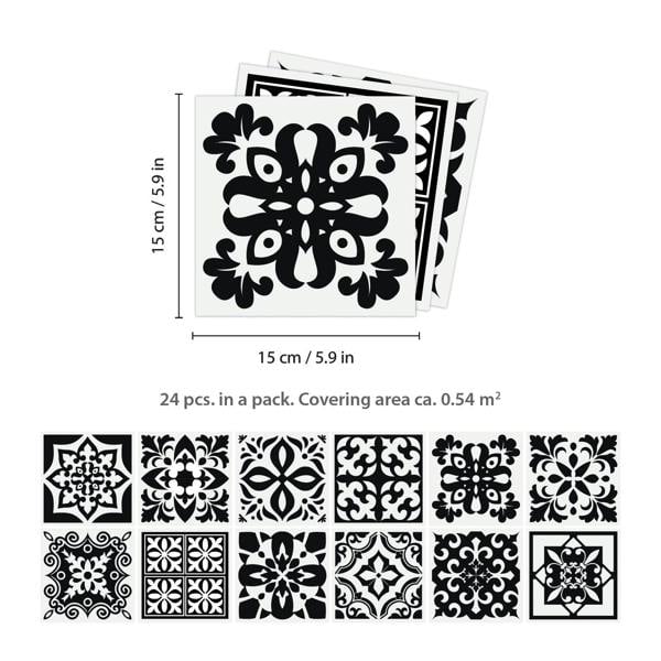 WT1566 - Calli Black and White Mediterranean Wall Tile Sticker Set - 15 cm x 15 cm - 24 pcs