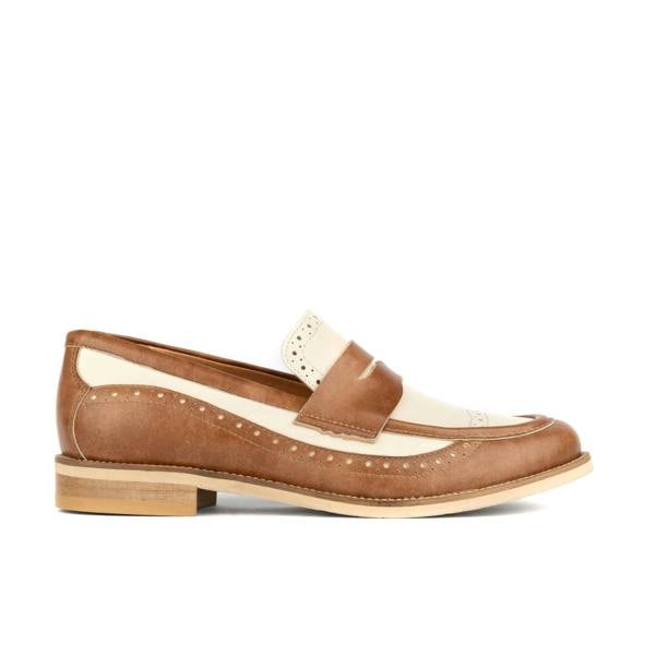 Embassy London Angelina - Tan & Cream - Women's leather almond toe penny loafer with broguing