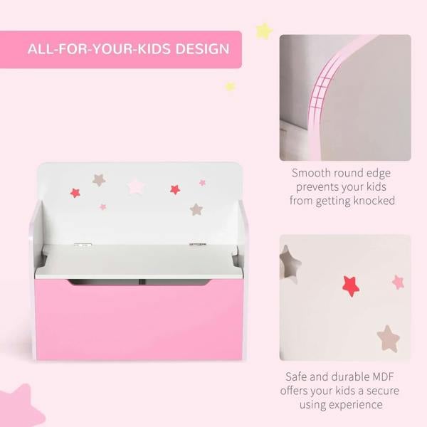Pink kids toy box with star-decorated white interior and open hinged lid.