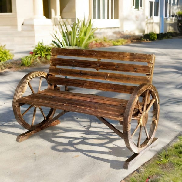 Rafaelo Mobilia Wooden 2 Seater Wagon Wheel Outdoor Bench Rustic Brown