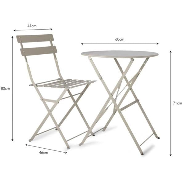 Technical dimension drawing of a clay grey metal folding bistro table and chair showing height and width measurements.
