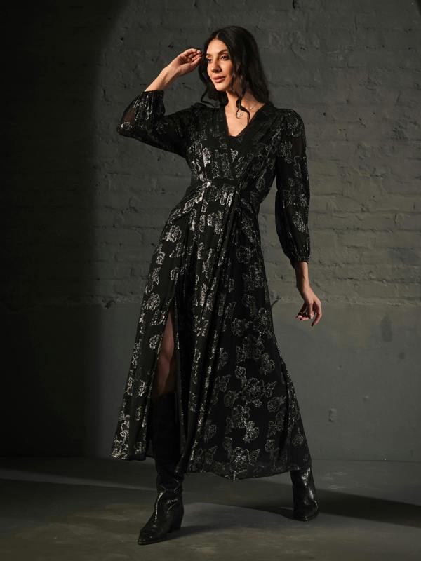 Rose & Nancy Dahlia Black Silver Midi Dress