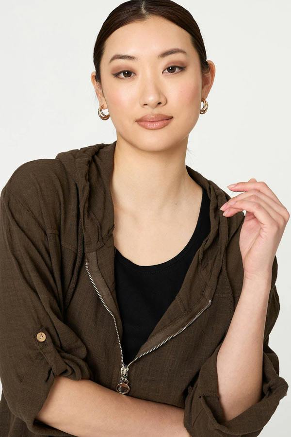 Chocolate | 3/4 Sleeve Hooded Zip Front Jacket