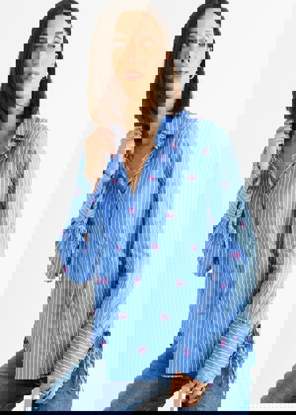 Gini London Blue Bow Embroidered Extreme Cuff Stripe Shirt