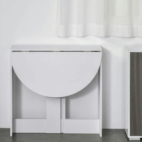 White drop-leaf table with center support and down-folded leaf panel