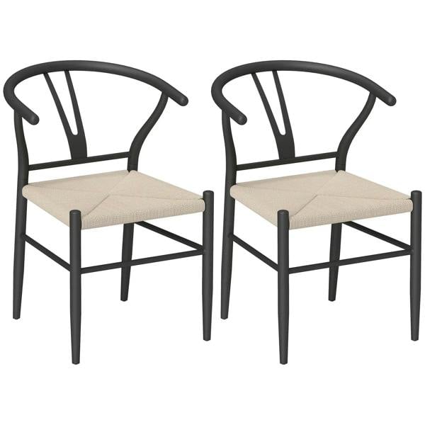 Set of two black dining chairs with Y-backrest and beige woven seats