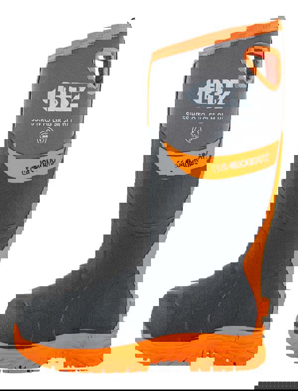 Buckbootz BBZ9000 Mens Safety Waterproof Composite Toe/Midsole S5 Wellington, rugged safety waterproof work boot with steel toe and slip-resistant sole in black and orange.