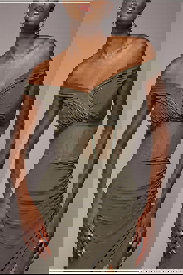 Off The Shoulder Corset Waist Mesh Wrap Skirt Soft Touch Maxi Dress - Khaki Green DR4865