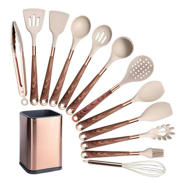 Anygleam Nonstick Kitchen Utensils Set Brown 12pcs Gold Plated Handle with Support Storage Box Heat Resistant Cooking Tools Accessories