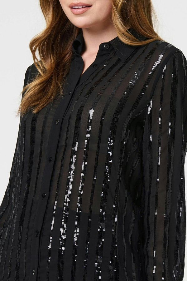 Black | Sequin Striped Sheer Long Sleeve Shirt
