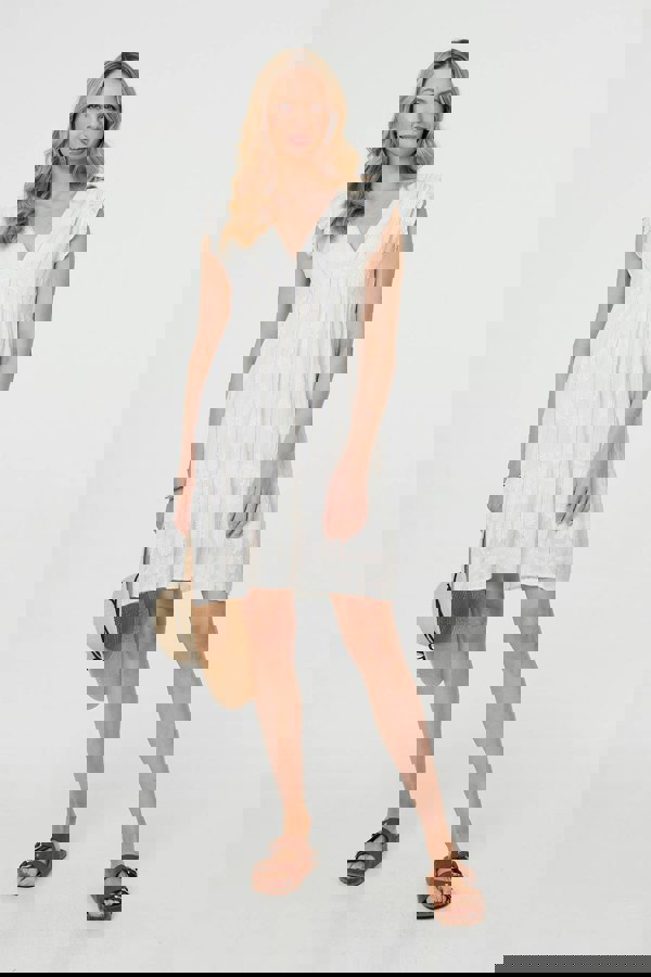 White | Metallic Striped Texture Short Dress
