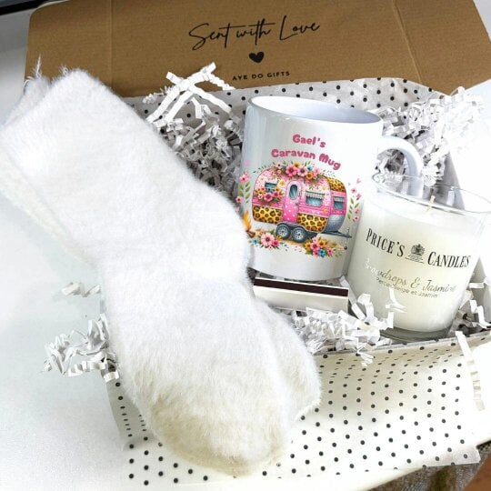 Aye Do Gifts Personalised Caravan Mug, Candle & Socks Gift Hamper | Birthday Gift